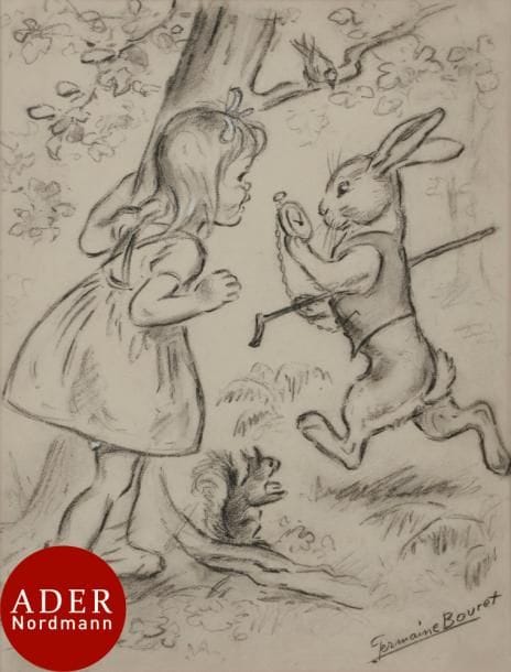 Germaine BOURET (1907-1953)
Alice au Pays des merveilles - Le Lapin, vers 1951
Fusain.
Signé en bas à droite.
34 x 27 cm

Provenance : 
Vente Germaine Bouret, Maîtres Philippe Bonnaz et Stéphane Lecomte, Marseille, 26 et 27 juin 2002, n° 366.

Étude préparatoire au dessin publié dans Alice au pays des Merveilles illustré par Germaine Bouret en 1951.