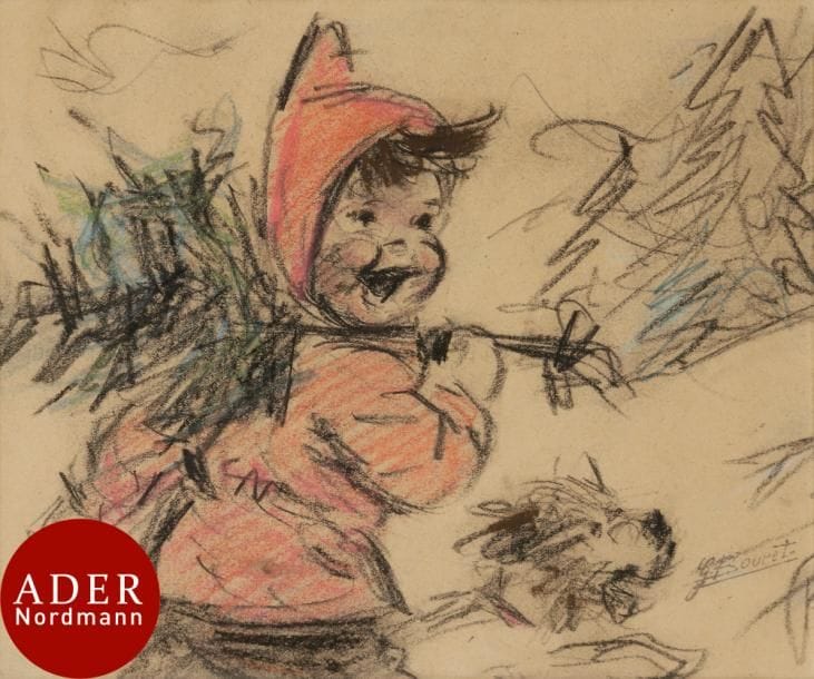 Germaine BOURET (1907-1953)
Fillette skieuse au chien
Pastel et fusain.
Porte le timbre de l’atelier en bas à droite.
18 x 21 cm

Provenance : 
Vente Germaine Bouret, Maîtres Philippe Bonnaz et Stéphane Lecomte, Marseille, 26 et 27 juin 2002, n° 447.