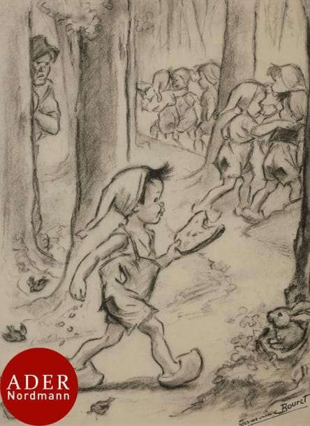 Germaine BOURET (1907-1953)
Le Petit Poucet, vers 1948
Fusain.
Signé à l’encre en bas à droite.
33 x 25 cm

Provenance : 
Vente Germaine Bouret, Maîtres Philippe Bonnaz et Stéphane Lecomte, Marseille, 26 et 27 juin 2002, n° 385.

Étude préparatoire au dessin publié dans Le Petit Poucet illustré par Germaine Bouret en 1948.