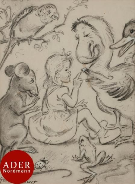 Germaine BOURET (1907-1953)
Alice au Pays des Merveilles - Dodo, vers 1951
Fusain.
Signé en bas à gauche.
33 x 25 cm

Provenance : 
Vente Germaine Bouret, Maîtres Philippe Bonnaz et Stéphane Lecomte, Marseille, 26 et 27 juin 2002, n°371.
Étude préparatoire au dessin publié dans Alice au pays des Merveilles illustré par Germaine Bouret en 1951.