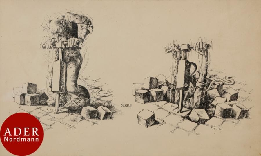 Claude Marcel Louis SERRE (1938-1998)
Le Marteau-piqueur
Encre.
Signée au milieu.
18 x 30 cm