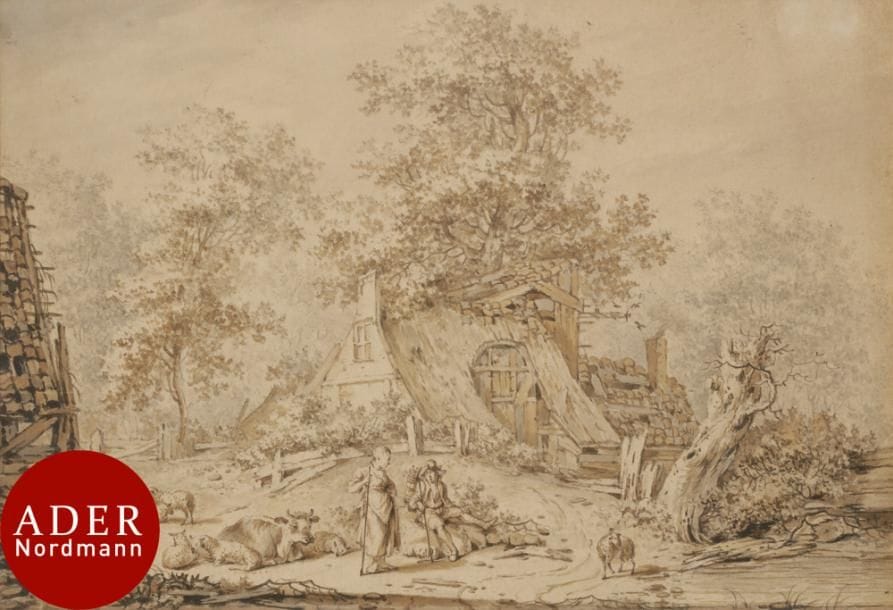 Hendrik MEIJER (XVIIIe siècle)
Pastorale
Plume et encre noire, lavis brun et gris.
Signé au verso.
(Légèrement insolé).
27,7 x 19 cm