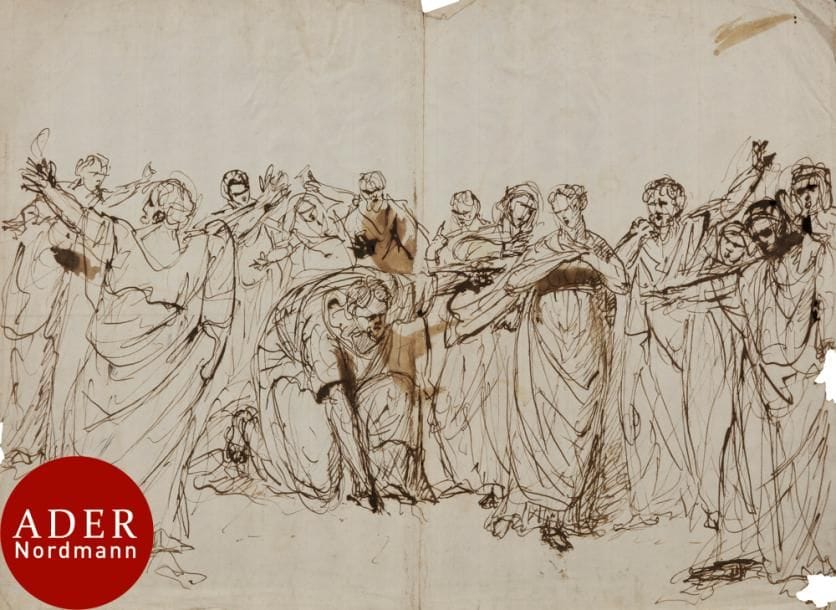 ÉCOLE ITALIENNE NÉOCLASSIQUE
Le Christ et la femme adultère
Plume et encre brune.
(Encre ferro-gallique, manques, pliures, taches et bords irréguliers).
35 x 47,5 cm