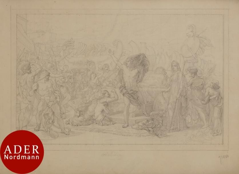 Attribué au baron GÉRARD (Rome 1770-Paris 1837)
Achille jurant de venger la mort de Patrocle
Crayon noir.
Annoté en bas à droite « Gravé ».
Mis au carreau.
(Trous d’épingles sur les bords).
19 x 28 cm (sujet)
26 x 34 cm (feuille)

Notre dessin est en relation avec le tableau détruit du musée de Caen Achille jurant de venger la mort de Patrocle. On constate une variante par rapport au tableau détruit, au fond à gauche deux chevaux qui ne sont pas repris dans le tableau final. On peut rapprocher notre feuille de deux dessins préparatoires de même technique conservés au Louvre (RF 35643 ; RF 35600).