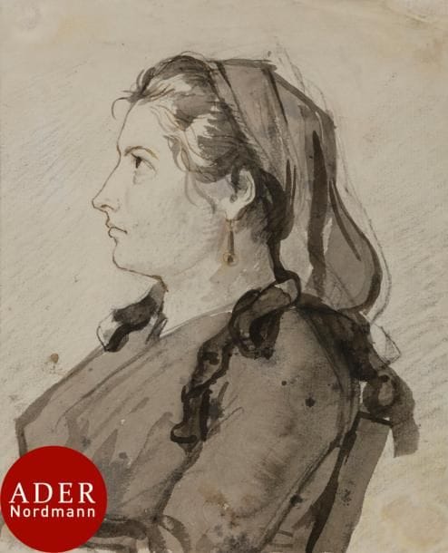 Attribué au baron GÉRARD
(Rome 1770-Paris 1837)
Étude de tête de femme de profil
Plume et encre brune, lavis gris.
(Quelques taches).
21 x 17 cm