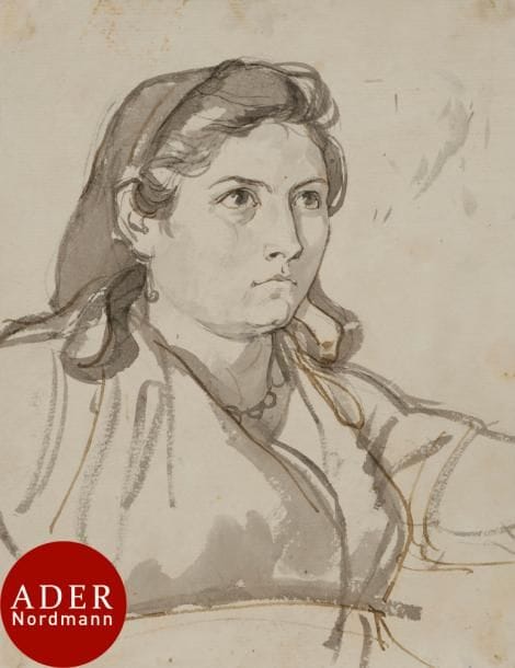 Attribué au baron GÉRARD
(Rome 1770-Paris 1837)
Étude de tête de femme
Plume et encre brune, lavis gris.
(Quelques taches).
21 x 16 cm