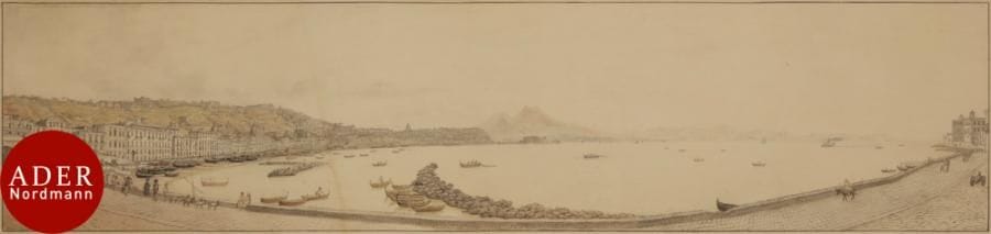 Frantz SCHMID (Schwyz 1796-Ried-ob-Schwyz 1851)
Une paire de vues animées de Naples
Aquarelle sur traits de crayon noir.
L’une d’elle est signée en bas à gauche.
(Légèrement insolées, déchirure restaurée sur l’une).
21 x 89 cm chacune