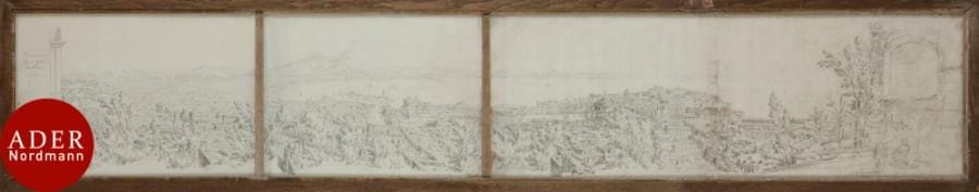 Antonio SENAPE (Rome 1788-Naples 1850)
Vue de la baie et de la ville de Naples depuis San Martino, 1826
Crayon noir sur 4 feuilles assemblées.
Situé et daté au crayon à gauche : « Panorama di Napoli fatte de S. Martino 1826 ».
(Quelques mouillures, taches).
27,5 x 156 cm