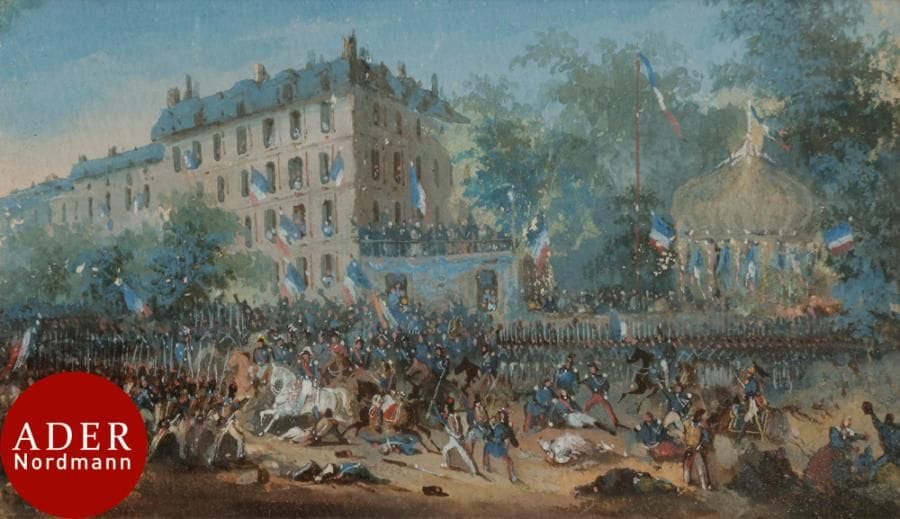 ÉCOLE FRANÇAISE ROMANTIQUE
L’Attentat de Fieschi contre Louis-Philippe, boulevard du Temple, 28 juillet 1835
Aquarelle gouachée.
Porte une signature illisible en bas à gauche.
5,5 x 9 cm

Exposition : 
Louis-Philippe, juin-juillet 1926, Hôtel Charpentier, Paris (étiquette au dos).