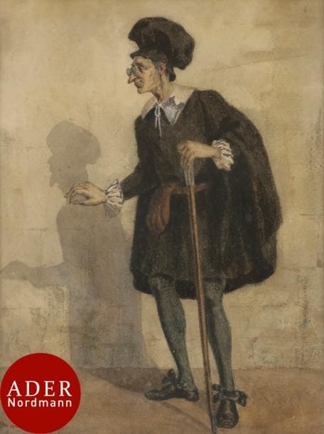 Maurice Dudevant SAND
(Paris 1823- Nohant-Vic 1889)
Personnage de théâtre au costume noir
Aquarelle et rehauts de gouache blanche oxydée.
Signé en bas à gauche.
28 x 21 cm