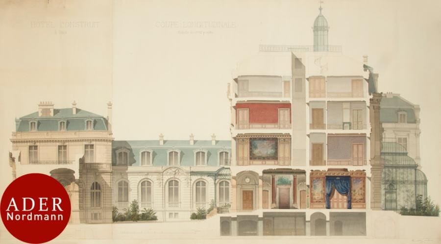 Denis-Louis DESTORS (Gonesse 1816-Choisy-Le-Roi 1882)
Coupe longitudinale de l’Hôtel Abraham-Behor de Camondo, 1876
Aquarelle gouachée, plume et encre noire sur traits de crayon noir.
Signée et datée en bas à droite.
69 x 135,5 cm

En 1869, les deux frères Abraham-Béhor (1829-1889) et Nissim de Camondo (1830-1889), banquiers juifs originaires de Constantinople, décident de s’installer à Paris pour développer la banque familiale. Un an plus tard, ils font l’acquisition de deux terrains mitoyens rue du Monceau, en bordure du parc. Le comte Nissim de Camondo se fait bâtir un hôtel particulier au n° 63 rue de Monceau et son frère Le comte Abraham-Béhor de Camondo confie à l’architecte Denis-Louis Destors (1816-1882), élève de Charles Garnier, le projet de son futur hôtel au n° 61 rue de Monceau. L’hôtel, de style éclectique, est achevé en 1875. Denis-Louis Destors recevra d’ailleurs pour ce projet la médaille d’argent de l’architecture privée, décernée par la Société centrale des architectes. Cette coupe longitudinale est un témoignage inédit de cet hôtel dont le décor intérieur initial est aujourd’hui détruit.
Une vue de la façade sur la cour de l’hôtel du comte Abraham-Behor de Camondo réalisée par Denis-Louis Destors en 1876 figure dans les collections du Musée des Arts décoratifs, Paris (n° d’inventaire: CAM 2012.2.1).