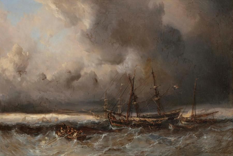 Eugène ISABEY (1803-1886)
Naufrage, 1841
Huile sur toile.
Signée et datée en bas à droite.
(Restaurations).
52 x 74 cm
