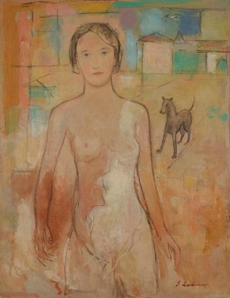 Émile LAHNER (1893-1980)
Jeune femme nue et chien, vers 1930
Huile sur toile.
Signée en bas à droite.
116 x 89 cm