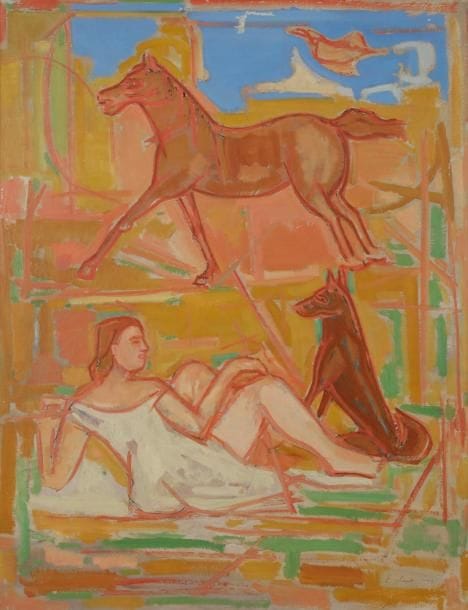Émile LAHNER (1893-1980)
Femme au chien et au cheval, 1925
Huile sur toile.
Signée en bas à droite.
Datée au dos.
92 x 73 cm