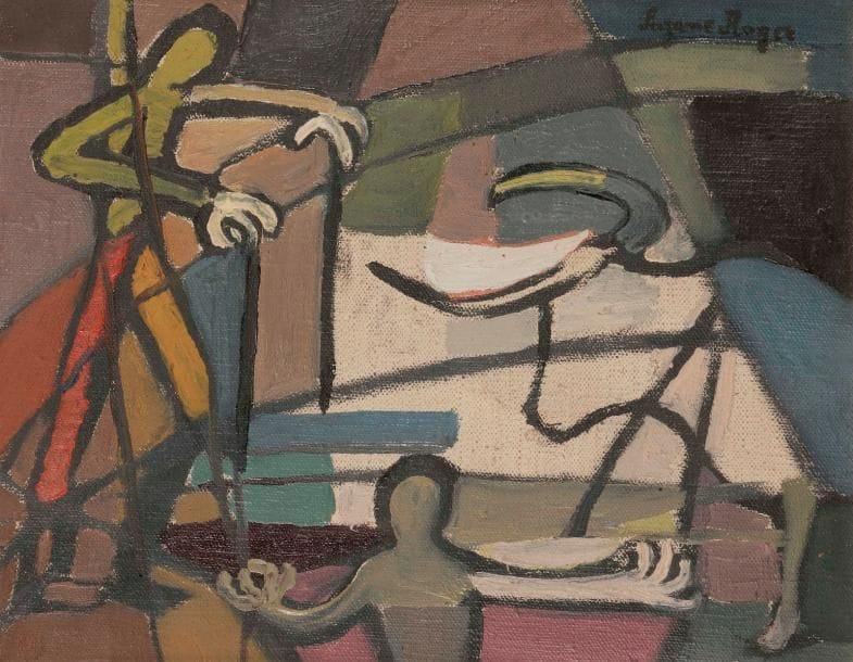 Suzanne ROGER (1899-1986)
Les Banderilles, 1949
Huile sur toile.
Signée en haut à droite.
22 x 27 cm

Provenance : 
-Galerie Simon, Paris, n°03558 (étiquette au dos).
- Collection Madeleine Gabail, Paris.