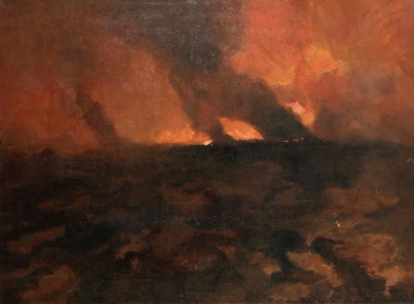 René PRINCETEAU (1843-1914)
Incendie
Huile sur toile
Non signée.
(Rentoilée et petits manques).
97 x 130 cm

Provenance : 
Collection de Madame S., Paris.