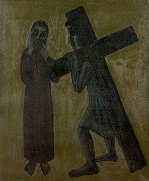 Camille CLAUS (1920-2005)
Chemin de croix, 1957
Huile sur toile.
Monogrammée et datée en bas à gauche.
Datée et titrée au dos.
Tampon de l’artiste sur le châssis.
65 x 54 cm