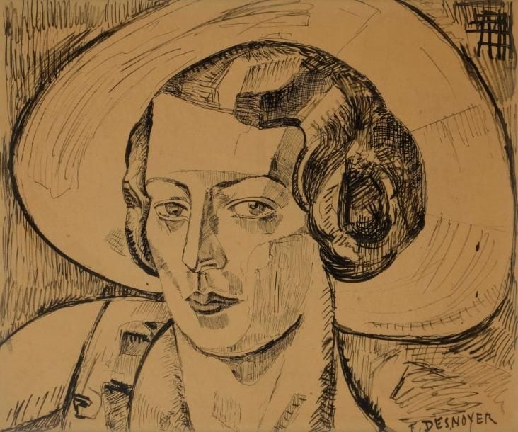 François DESNOYER (1894-1972)
Portrait au chapeau
Encre.
Signée en bas à droite.
32 x 39 cm

Provenance : 
Galerie Guiot, Paris (étiquette au dos).

Cette œuvre sera incluse dans le Catalogue Raisonné actuellement en préparation par Monsieur Jean-Pierre Joubert.