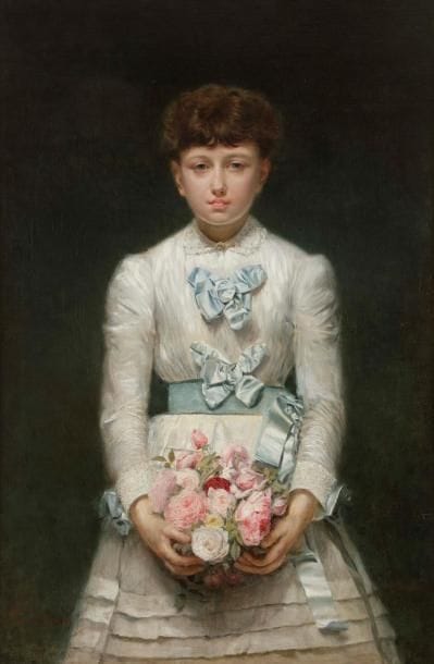 Ignacio DE LÉON Y ESCOSURA (1834-1901)
Jeune fille au bouquet de fleurs, 1884
Huile sur toile.
Signée, datée et située « New York » en bas à gauche.
(Rentoilée).
114 x 76 cm