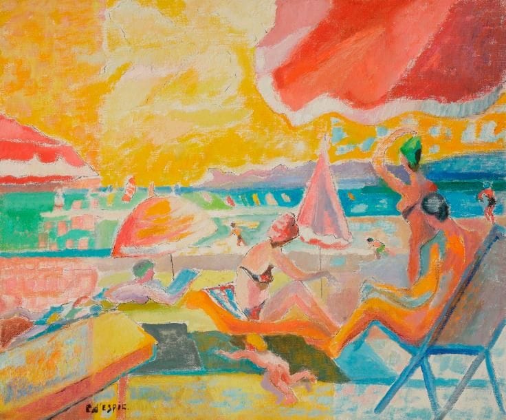 Christian D’ESPIC (1901-1978)
Le Parasol rouge
Huile sur toile.
Signée en bas à gauche.
Signée et titrée au dos.
38 x 46 cm