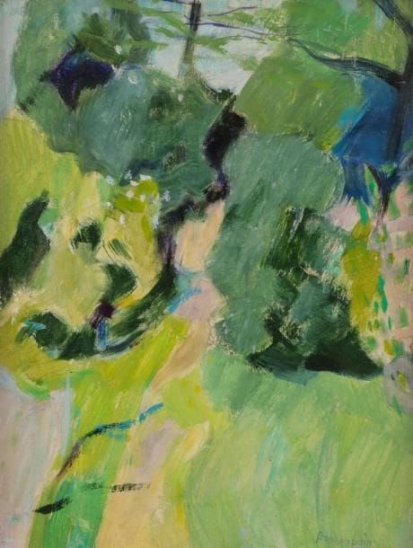 Pierre BONCOMPAIN (né en 1938)
Allée du jardin, 1965
Huile sur isorel.
Signée en bas à droite.
Signée, datée et titrée au dos.
35 x 27 cm