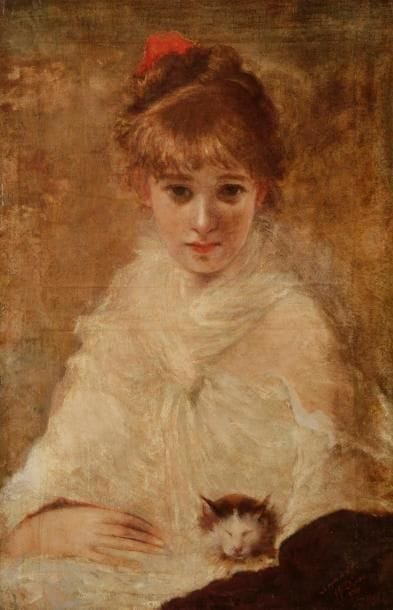 Alexandre  ALAUX (1851-1932)
Jeune femme au chat, 1918
Huile sur toile.
Signée, datée et annotée « à la popote de l’Aviation - A.Alaux adjudant - 1 / 1918 -  d’après Chaplin » en bas à droite.
(Rentoilée).
70 x 45 cm