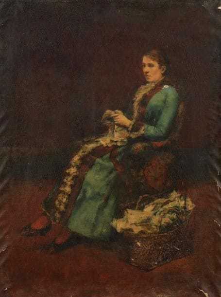 François MARTIN-KAVEL (1861-1931)
Femme à la couture, 1882
Huile sur toile.
Signée et datée en bas à droite.
(Rentoilée, manques).
53 x 40 cm