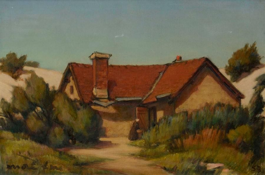 André FAU (1896-1982)
Ferme dans les dunes, 1953
Huile sur toile.
Signée en bas à gauche.
Signée et datée au dos sur un fragment d’étiquette.
38 x 55 cm