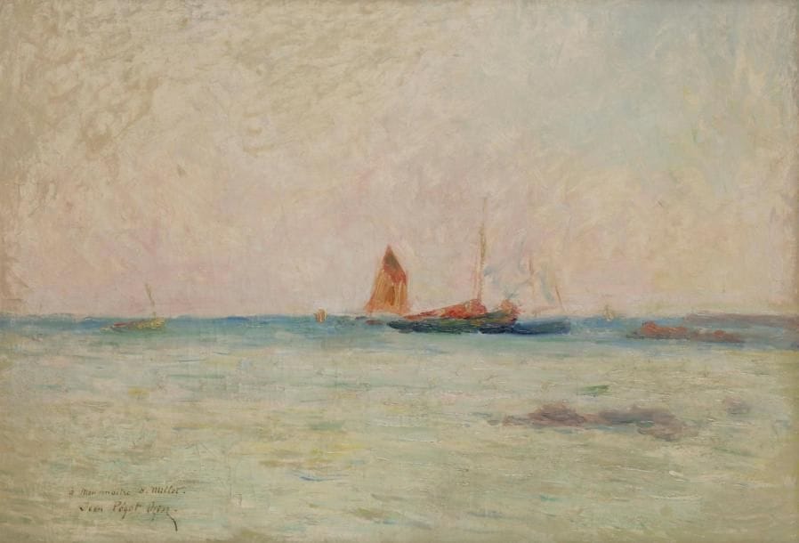 Jean PÉGOT-OGIER (1877-1915)
Bord de mer en Bretagne
Huile sur toile.
Signée et dédicacée en bas à gauche.
(Craquelures).
46 x 65 cm
