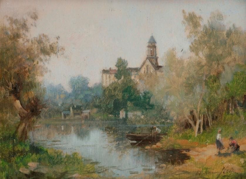 Maurice LÉVIS (1860-1940)
Lavandières à Saint-Florent-le-Vieil
Huile sur panneau.
Signée en bas à droite.
Annotée et située au dos.
16 x 22 cm