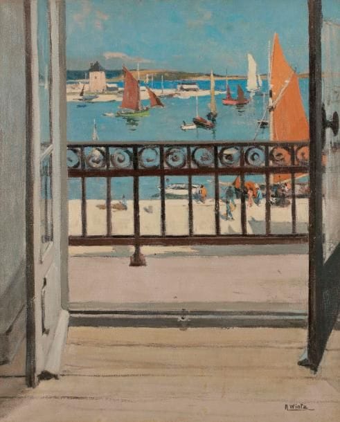 Raymond WINTZ (1884-1956)
Fenêtre ouverte sur un port breton
Huile sur toile.
Signée en bas à droite.
73 x 60 cm