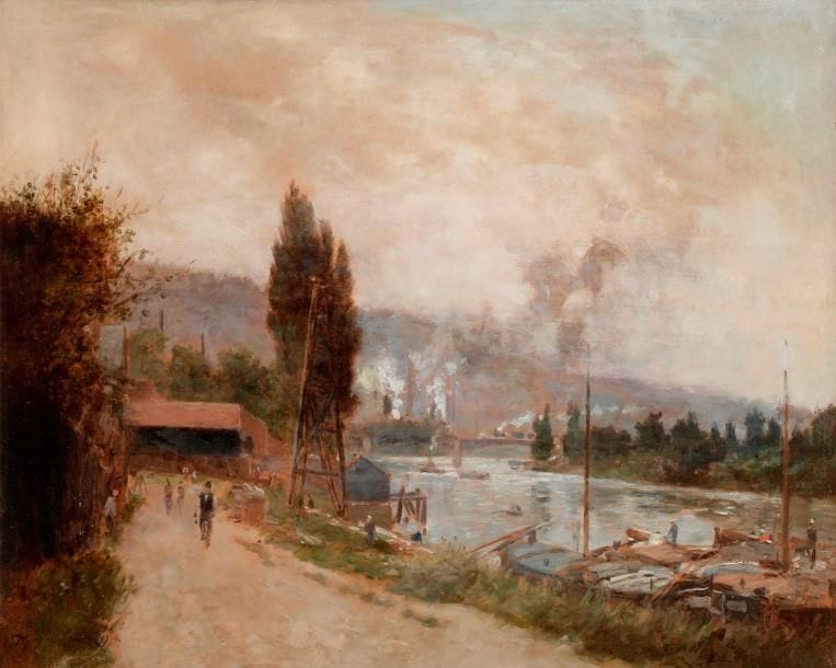 Maurice François A. COURANT (1847-19269)
Bord de Seine animé, 1904
Huile sur toile.
Signée et datée en bas à gauche.
50 x 65 cm
