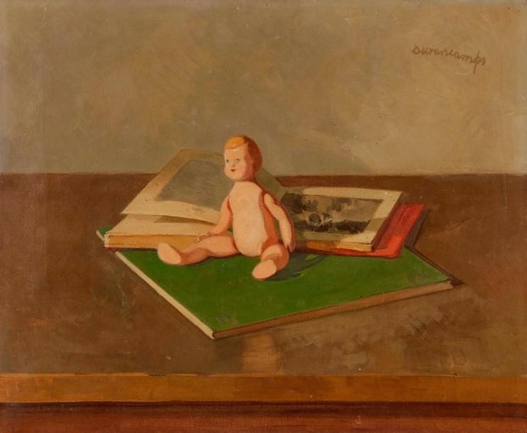 Rafael DURANCAMPS (1891-1979)
Poupée et livre
Huile sur toile.
Signée et datée en haut à droite.
38 x 46 cm