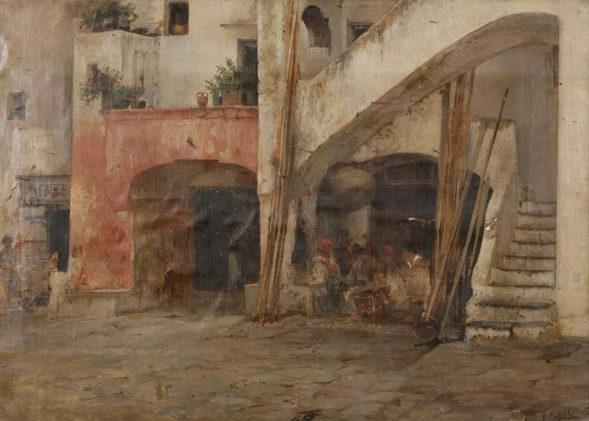 Vincenzo CAPRILE (1856-1936)
Vue d’une cour
Huile sur toile.
Signée en bas à droite.
(Nombreux accidents, toile doublée).
35.5 x 49.5 cm