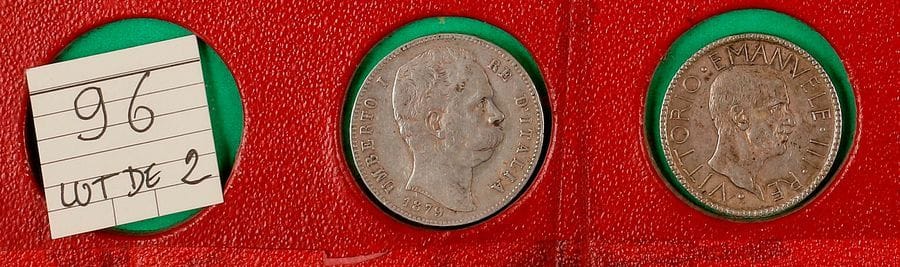 ITALIE. 
LOT de 2 monnaies : 5 lire Umberto I, 1879 et 20 lire Victor-Emmanuel III, 1927 an VI. TB