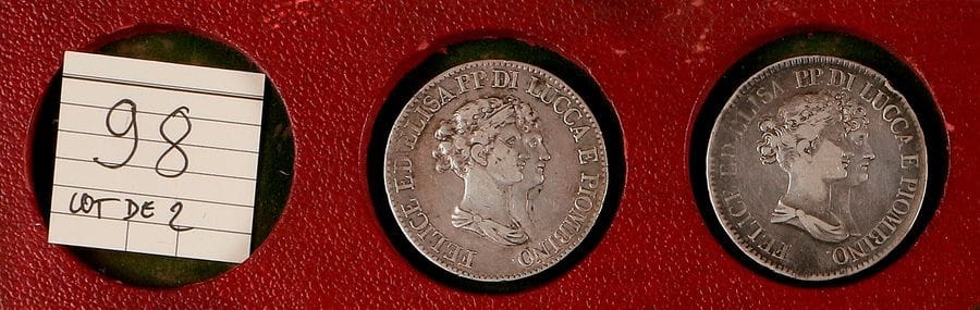 Principauté de Lucques et Piombino.
Elisa Bonaparte et Felix Bacciocchi (1805-1814). 
LOT de 2 pièces de 5 franchi, 1807, 1808. 
TB