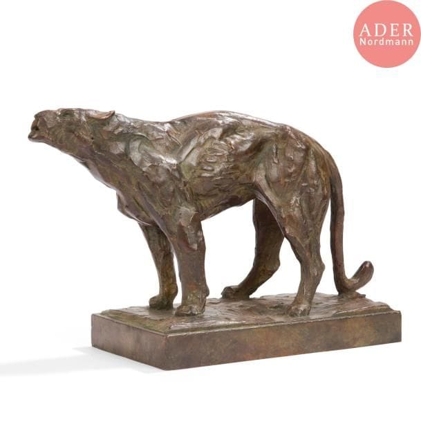 Albéric COLLIN (1886-1962)
Lionne humant 
Sculpture. Épreuve en bronze à patine brun nuancé. Fonte à la cire perdue. Édition post mortem. Inscrit Albéric COLLIN sur la terrasse et porte le cachet Cire Perdue C. VALSUANI sur la tranche de la terrasse. H. 22,5 cm
