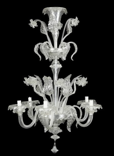 Paire de lustres en verre de Venise, à six lumières et décor de feuillages ; (montés à l’électricité).
Style du XVIIIe siècle (petits accidents et restaurations)
H : 108 cm, L : 73 cm