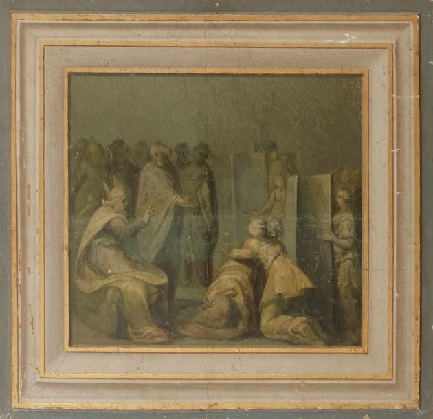 École FRANÇAISE du XVIIe siècle 
Scène biblique en trompe l’œil, dessus de porte
Panneau de chêne 
60 x 63 cm
Petits manques et restaurations anciennes 
