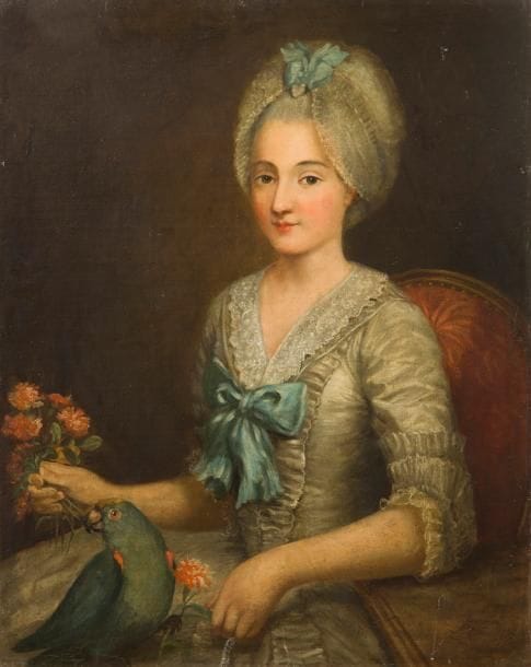 École FRANÇAISE du XVIIIe siècle 
Portrait de dame au bouquet de roses et au perroquet 
Toile
80 x 65 cm
Restaurations, rentoilée