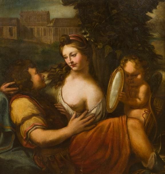 École ITALIENNE du XVIIIe siècle 
Renaud et Armide
Toile 
87 x 78 cm
Restaurations anciennes 
