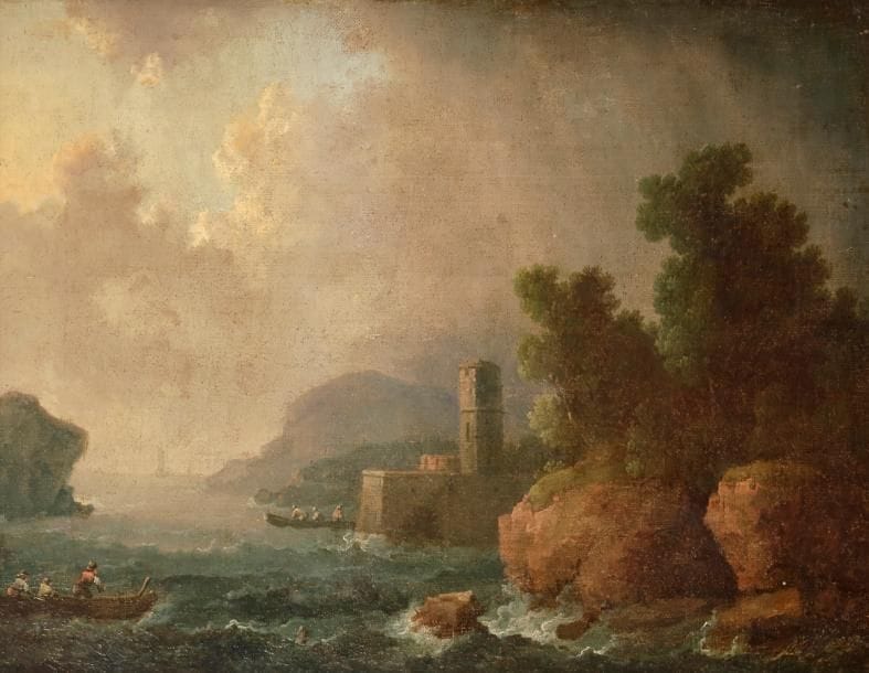 Attribué à Francesco FIDANZA 
(1749 - 1819)
Entrée d’un port 
Sur sa toile d’origine
39 x 49 cm
Restaurations anciennes