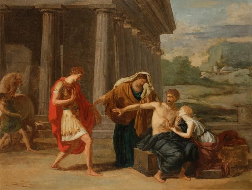 Jean-Antoine Théodore GIROUST (Bussy Saint Georges 1753 - Mitry Mory 1817)
Œdipe à Colone dans un encadrement blanc
Toile 
56 x 73 cm
Restaurations anciennes 
Sans cadre
 
Cette esquisse est préparatoire au morceau de réception du peintre à l’Académie Royale le 29 mars 1788. On note quelques variantes avec le tableau définitif conservé au Dallas Museum of Art (164 x 194 cm). Le sujet est tiré de Sophocle.