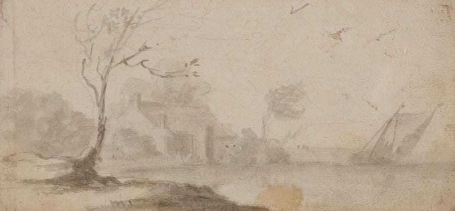 École FLAMANDE fin XVIIe siècle
Marine côtière
Lavis gris et crayon noir.
Inscription à la plume ancienne.
(Tache).
9.3 x 20 cm