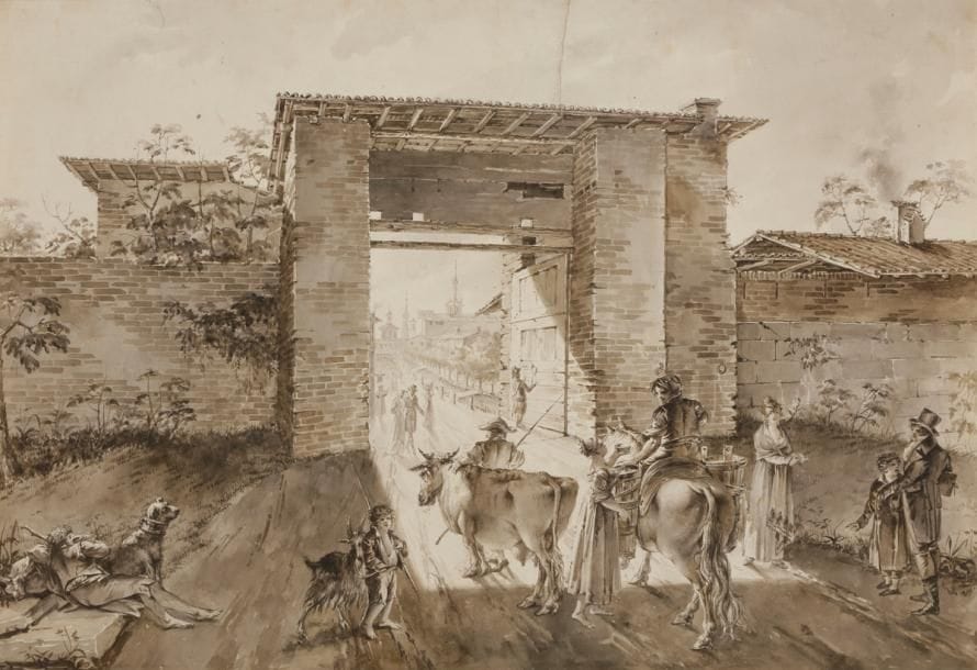 Attribué à Jean Louis DEMARNE 
L’arrivée au village 
Encre et lavis noire et brune 
32 x 46,5 cm
