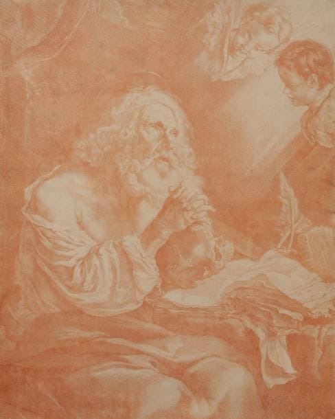 École FRANÇAISE DU XVIIIe siècle
Saint-Jérôme
Contre-épreuve de sanguine.
(Déchirures sur les bords).
54.5 x 43.5 cm