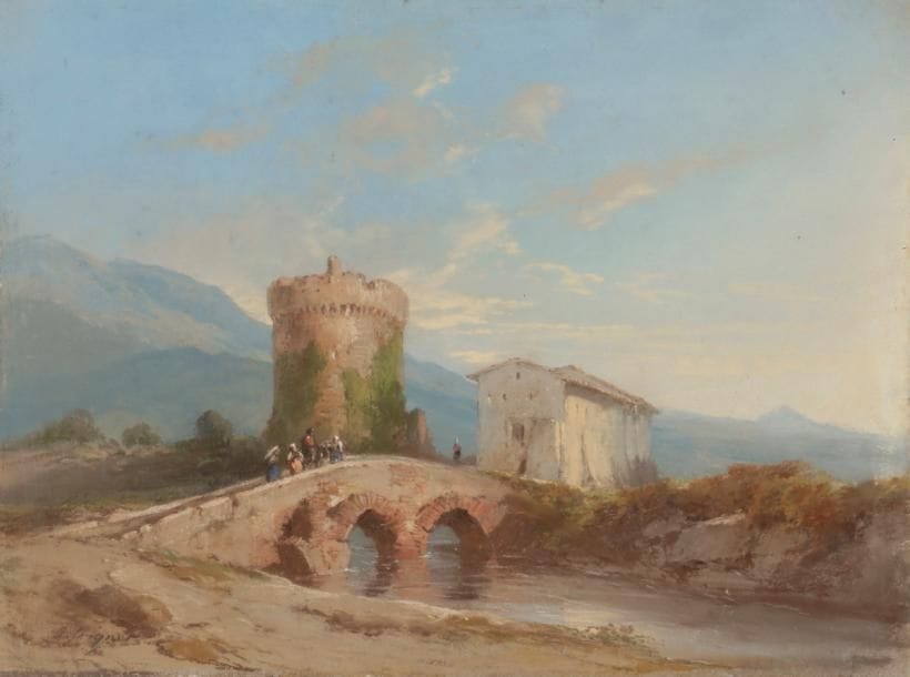 Jules COIGNET (1798-1860)
Paysage animé au pont
Gouache et pastel.
Signé en bas à gauche.
20 x 27.5 cm