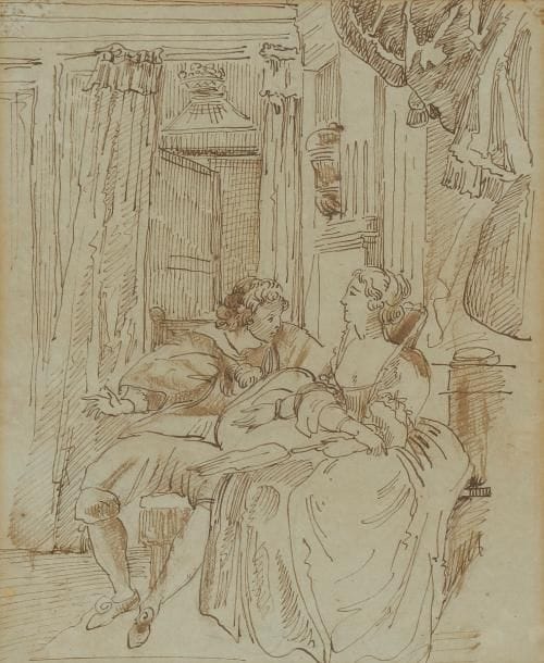 ÉCOLE FRANÇAISE du XIXe siècle
Les Amoureux
Plume et encre brune sur traits de crayon noir.
(Petites taches).
17.5 x 14.2 cm