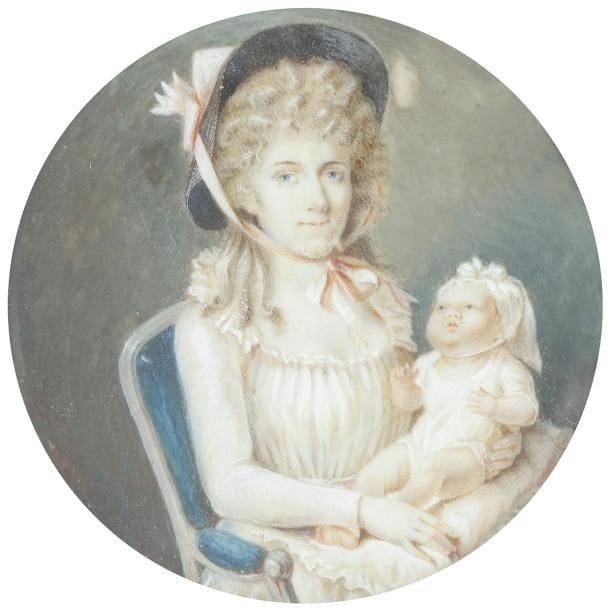 Entourage de Jean-Baptiste LETELLIER fils (1759 - après 1816).
Double portrait d’une mère coiffée d’un chapeau à nœud rose assise, tenant son bébé sur les genoux, vers 1795
Miniature sur ivoire de la fin du XVIIIe siècle
A vue, diam. 6,9 cm
Médaillon ovale en laiton doré avec anneau de suspension, diam. : 8,4 cm
(Petites mouilllures dans le fond)
