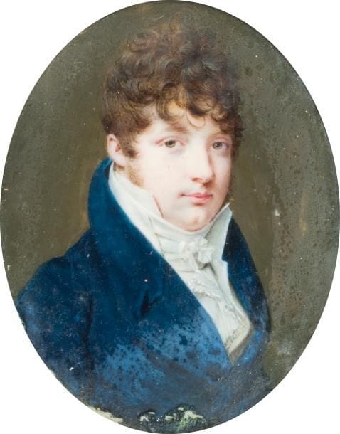 Portrait d’homme en costume bleu, coiffé de mèches, fossette au menton.
Fine miniature sur ivoire du XIXe siècle, époque Empire
A vue ovale 6,5 x 5,2 cm ; cadre en bois noirci, rect. 14,6 x 12 cm.
(mouillures)
